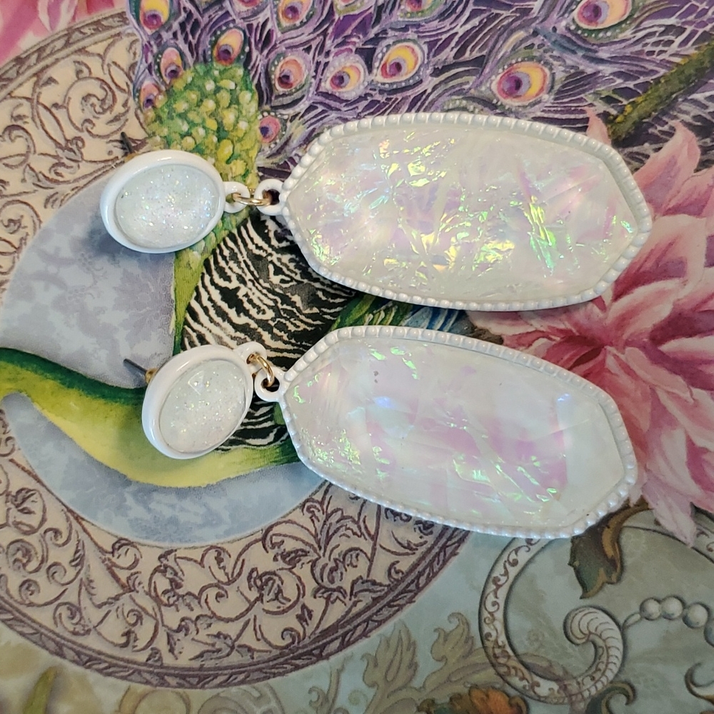 White iridescent opal  simmer dangle pierced earrings beveled acrylic